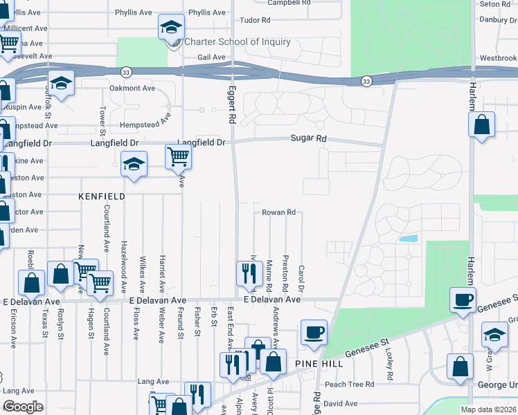 map of restaurants, bars, coffee shops, grocery stores, and more near 6 Rowan Road in Buffalo