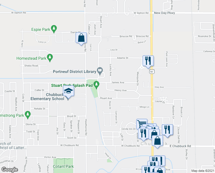 map of restaurants, bars, coffee shops, grocery stores, and more near 5146 Henry Avenue in Pocatello