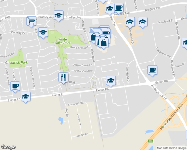map of restaurants, bars, coffee shops, grocery stores, and more near 1212 Jalna Blvd in London
