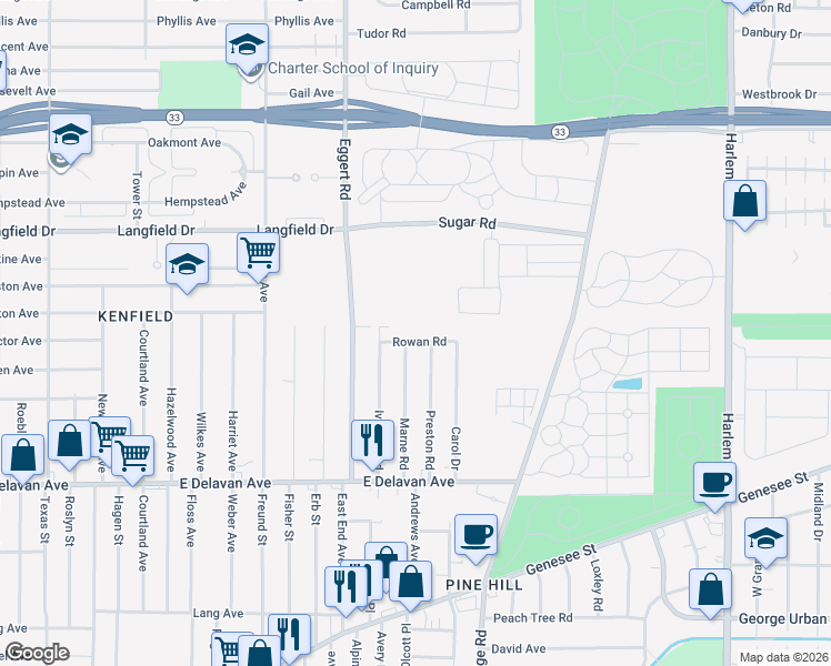 map of restaurants, bars, coffee shops, grocery stores, and more near 30 Rowan Road in Buffalo