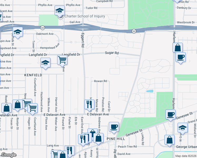 map of restaurants, bars, coffee shops, grocery stores, and more near 30 Rowan Road in Buffalo