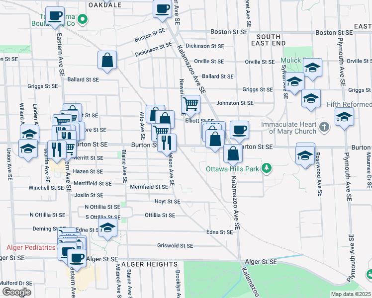 map of restaurants, bars, coffee shops, grocery stores, and more near 1200 Burton St SE in Grand Rapids