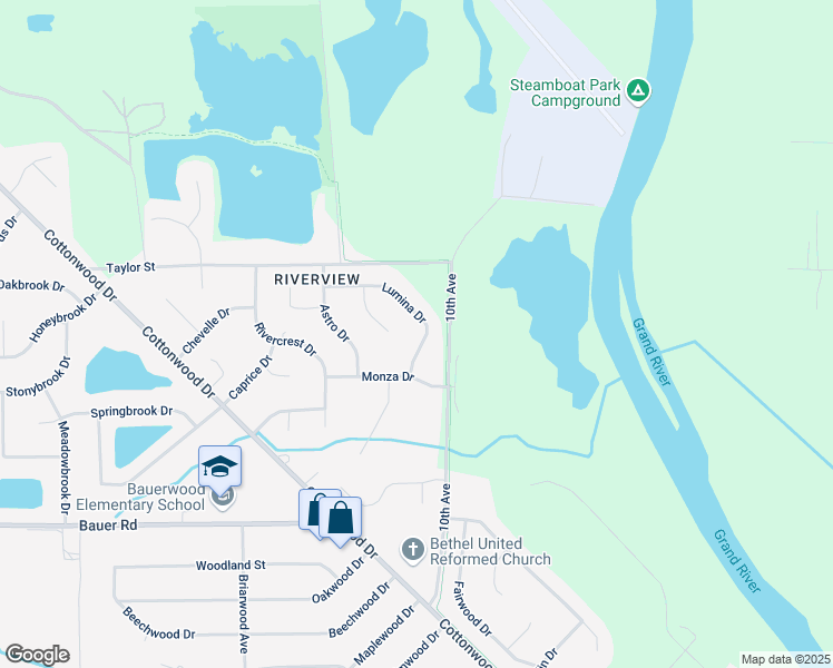 map of restaurants, bars, coffee shops, grocery stores, and more near 1046 Lumina Drive in Georgetown Township