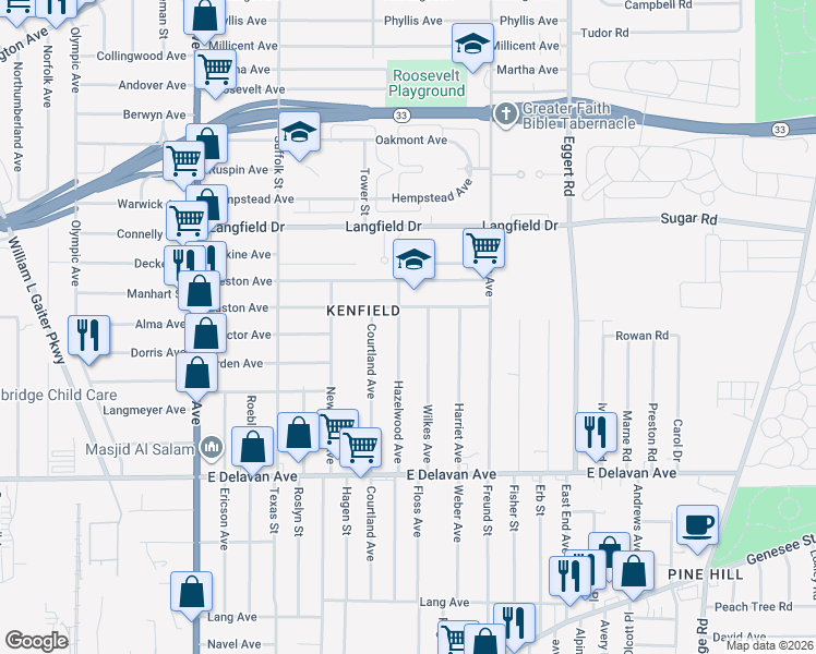map of restaurants, bars, coffee shops, grocery stores, and more near 285 Hazelwood Ave in Buffalo