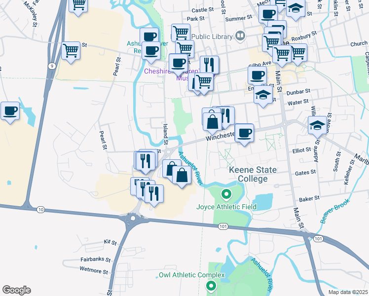map of restaurants, bars, coffee shops, grocery stores, and more near 232 Winchester Street in Keene
