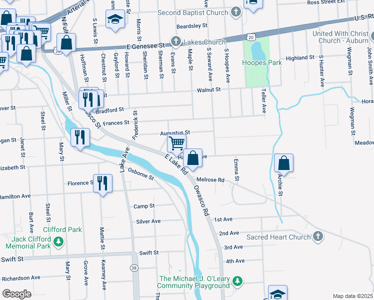 map of restaurants, bars, coffee shops, grocery stores, and more near 7 Havens Avenue in Auburn