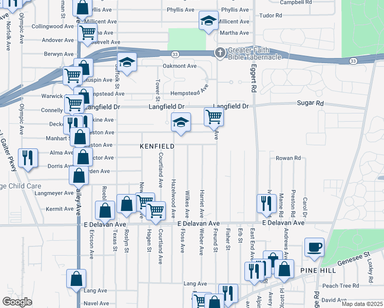 map of restaurants, bars, coffee shops, grocery stores, and more near 153 Wilkes Avenue in Buffalo