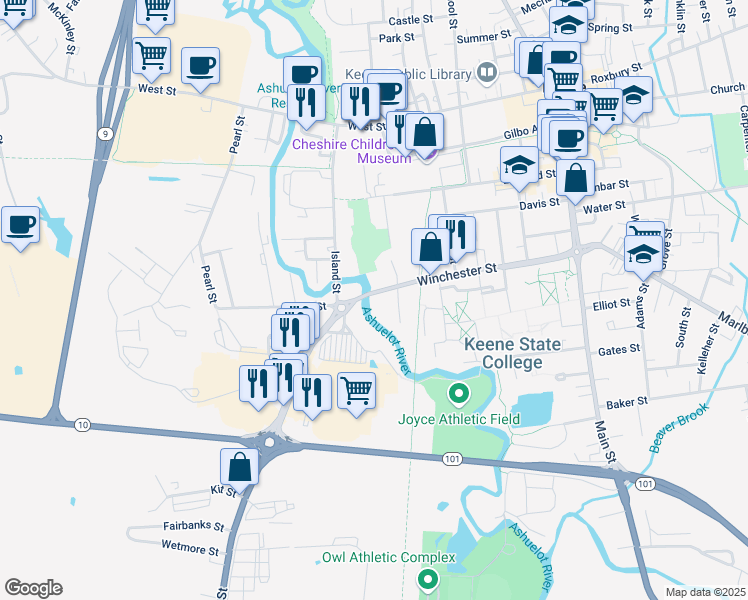 map of restaurants, bars, coffee shops, grocery stores, and more near 232 Winchester Street in Keene