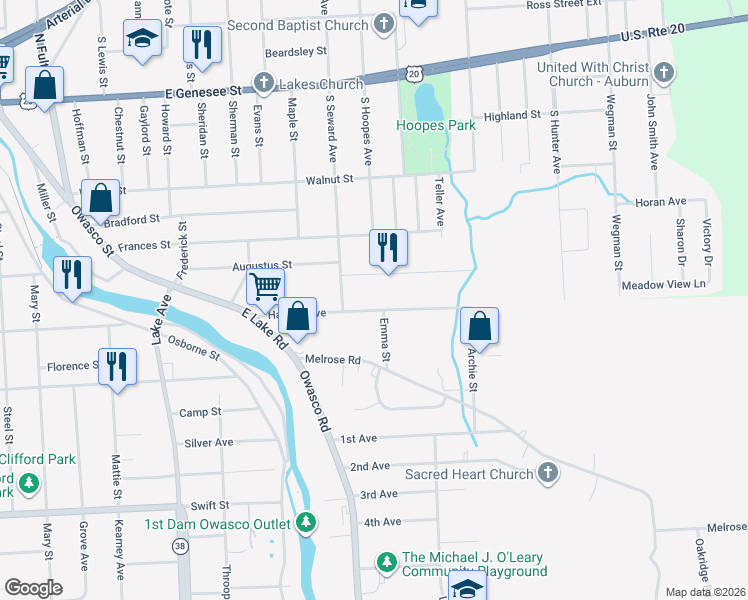 map of restaurants, bars, coffee shops, grocery stores, and more near 47 Havens Avenue in Auburn