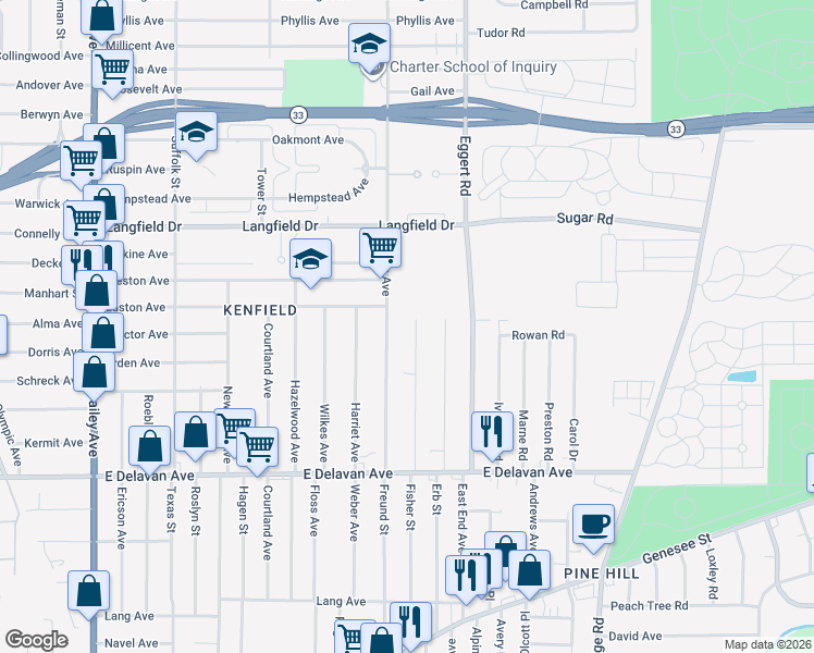 map of restaurants, bars, coffee shops, grocery stores, and more near 152 Roma Ave in Buffalo