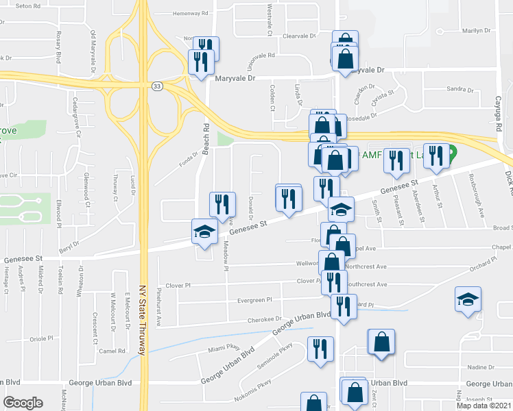 map of restaurants, bars, coffee shops, grocery stores, and more near 25 Donald Drive in Buffalo