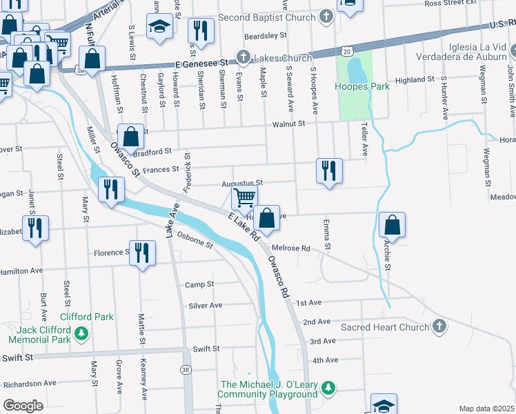 map of restaurants, bars, coffee shops, grocery stores, and more near 7 Havens Avenue in Auburn