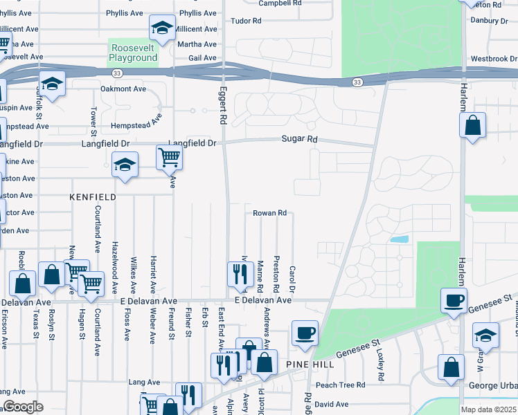 map of restaurants, bars, coffee shops, grocery stores, and more near 30 Rowan Road in Buffalo
