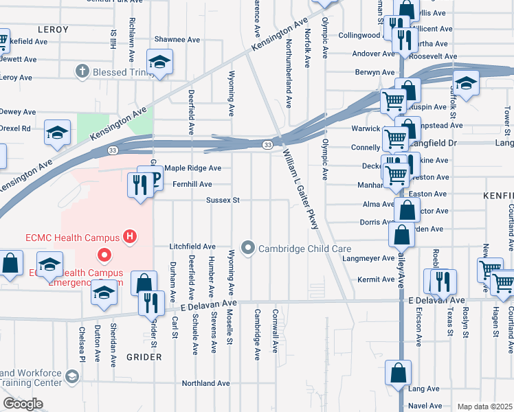 map of restaurants, bars, coffee shops, grocery stores, and more near 442 Cornwall Avenue in Buffalo