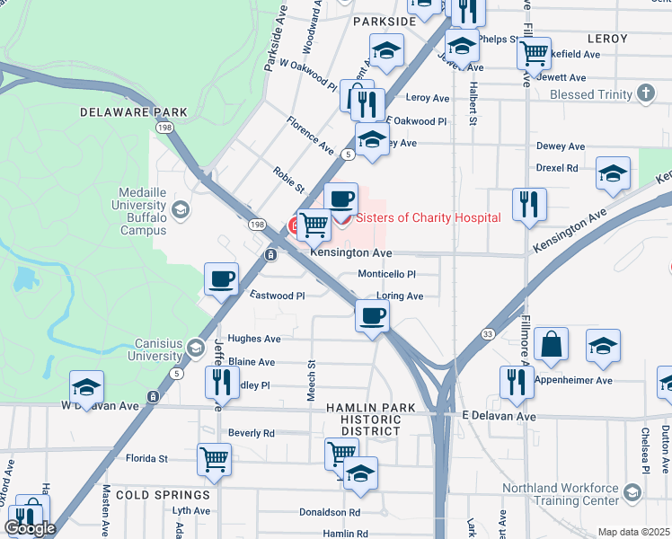 map of restaurants, bars, coffee shops, grocery stores, and more near 248 Humboldt Parkway in Buffalo