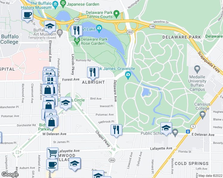 map of restaurants, bars, coffee shops, grocery stores, and more near 37 Berkley Place in Buffalo