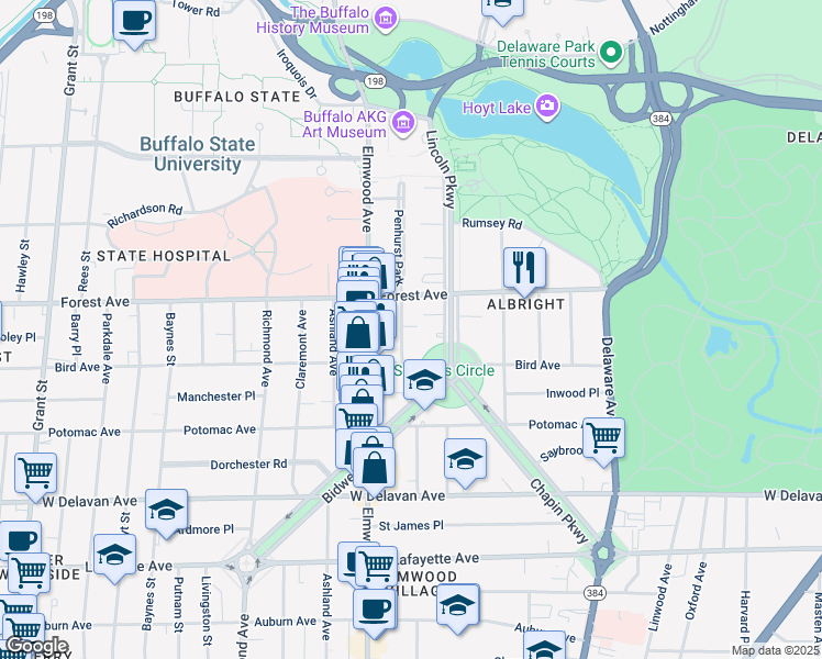 map of restaurants, bars, coffee shops, grocery stores, and more near 34 Granger Place in Buffalo
