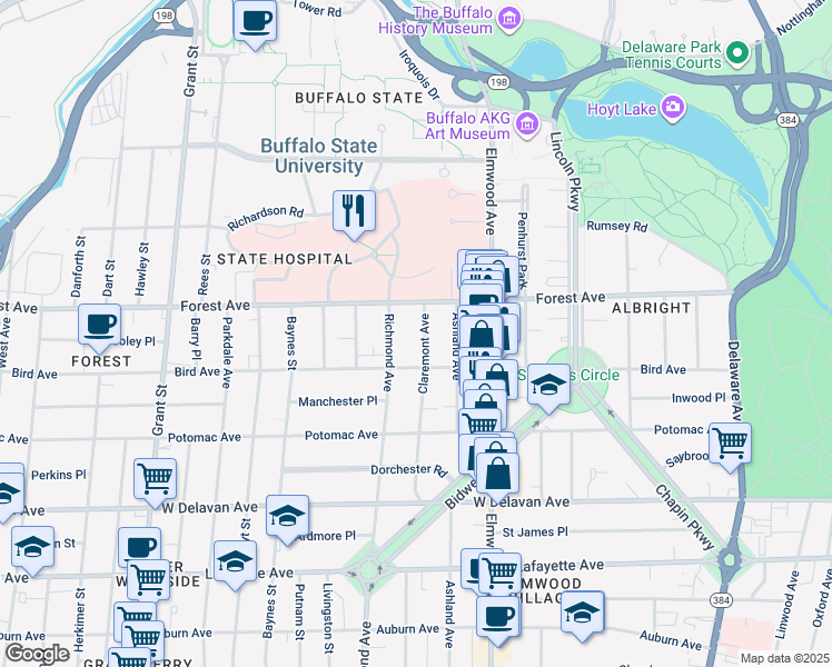 map of restaurants, bars, coffee shops, grocery stores, and more near 865 Richmond Avenue in Buffalo