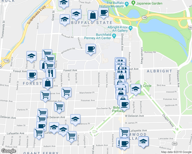 map of restaurants, bars, coffee shops, grocery stores, and more near 56 Tremont Avenue in Buffalo