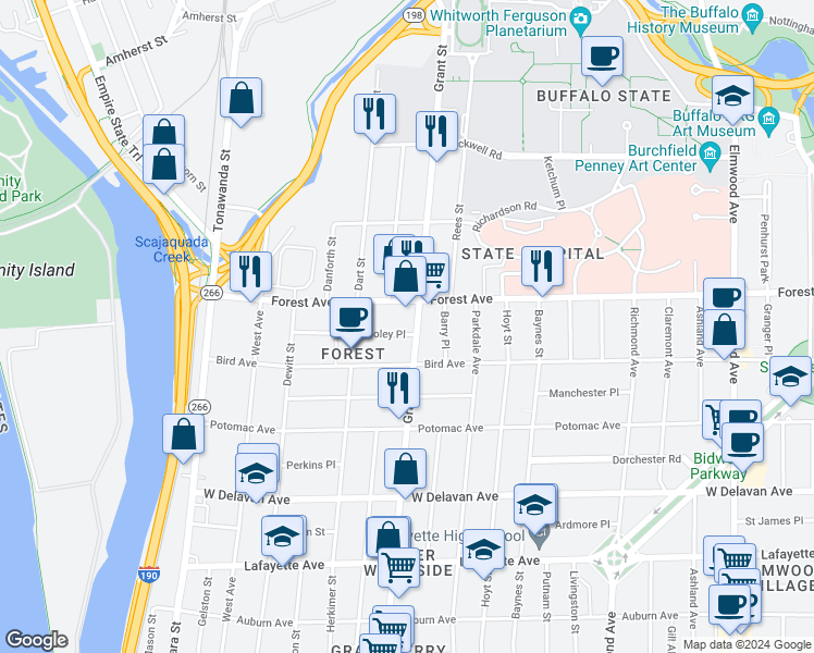 map of restaurants, bars, coffee shops, grocery stores, and more near 480 Grant Street in Buffalo