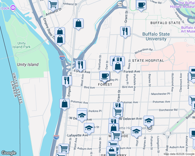 map of restaurants, bars, coffee shops, grocery stores, and more near 12 Pooley Place in Buffalo