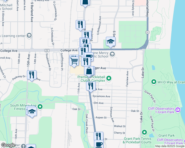 map of restaurants, bars, coffee shops, grocery stores, and more near 241 North Chicago Avenue in South Milwaukee