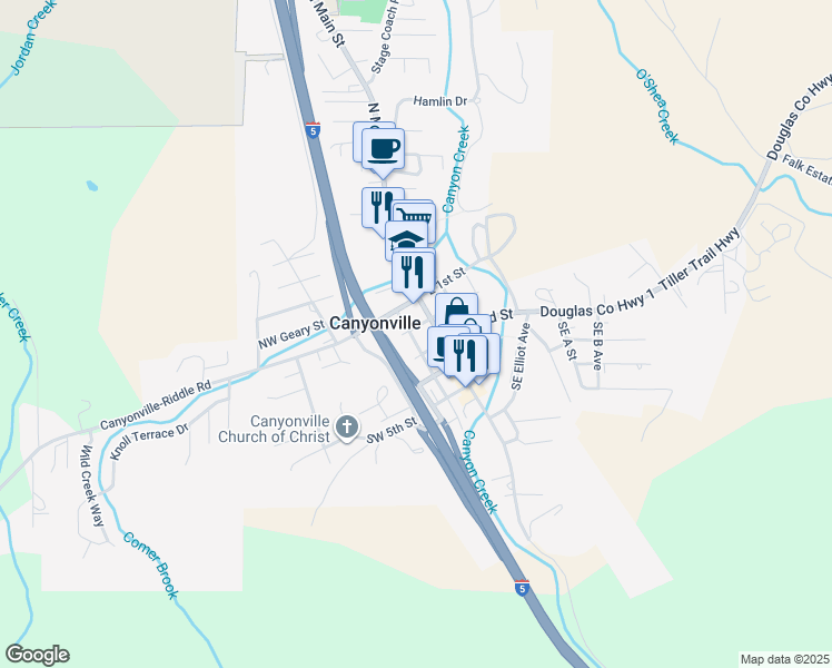map of restaurants, bars, coffee shops, grocery stores, and more near 203 Northwest Pine Street in Canyonville