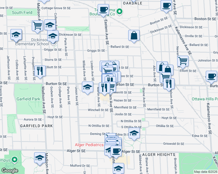 map of restaurants, bars, coffee shops, grocery stores, and more near 758 Burton Street Southeast in Grand Rapids