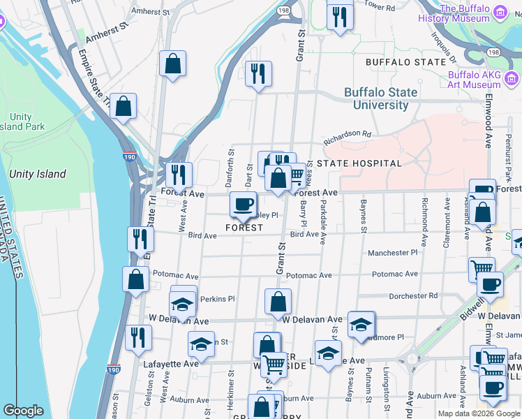 map of restaurants, bars, coffee shops, grocery stores, and more near 90 Pooley Pl in Buffalo