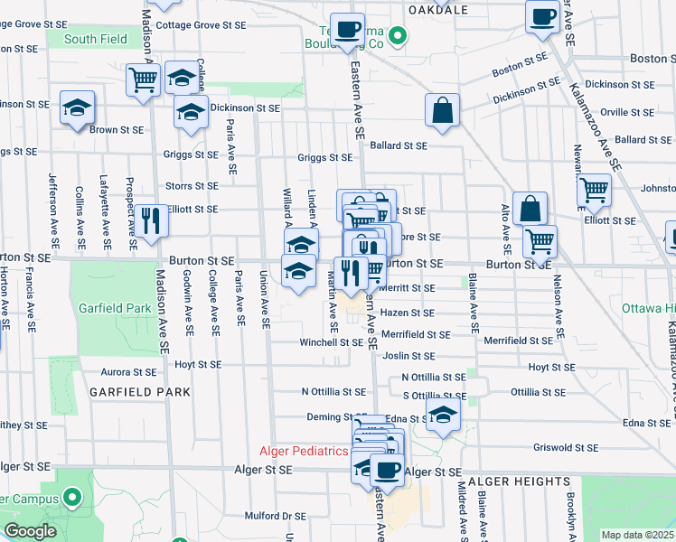 map of restaurants, bars, coffee shops, grocery stores, and more near 726 Burton Street Southeast in Grand Rapids