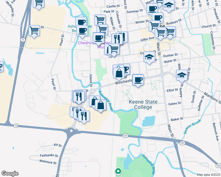 map of restaurants, bars, coffee shops, grocery stores, and more near 16 Winchester Court in Keene