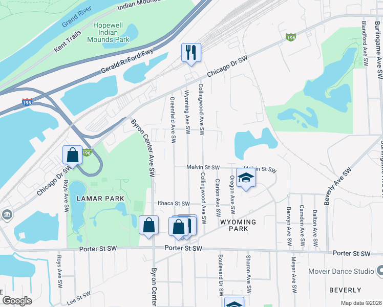 map of restaurants, bars, coffee shops, grocery stores, and more near 2044 Wyoming Avenue Southwest in Wyoming