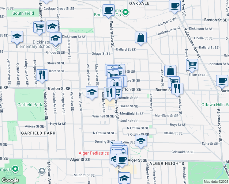 map of restaurants, bars, coffee shops, grocery stores, and more near 758 Burton Street Southeast in Grand Rapids