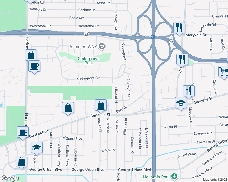 map of restaurants, bars, coffee shops, grocery stores, and more near 74 Ellwood Place in Buffalo