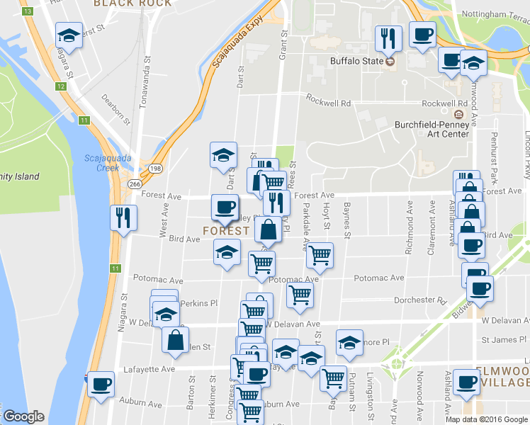 map of restaurants, bars, coffee shops, grocery stores, and more near 480 Grant St in Buffalo