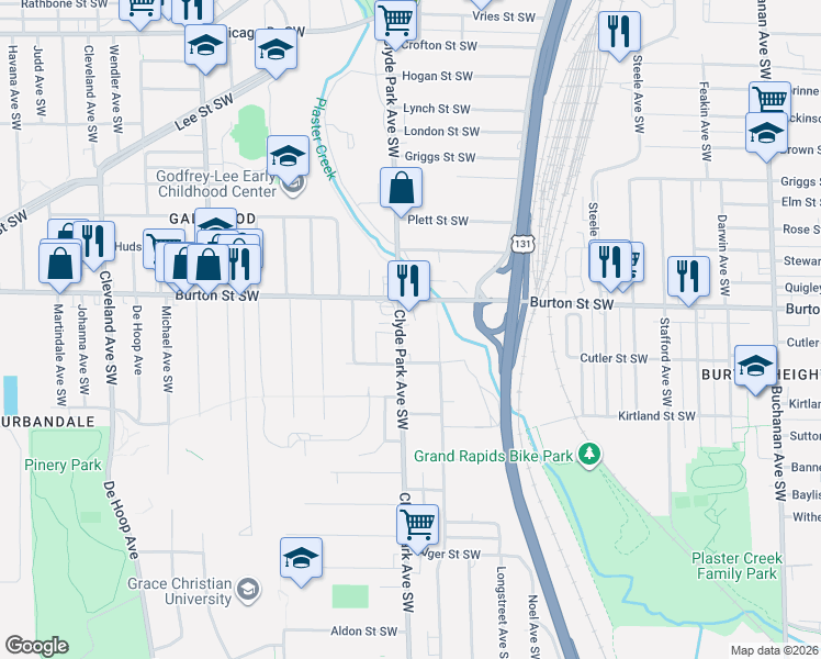 map of restaurants, bars, coffee shops, grocery stores, and more near 2030 Clyde Park Ave SW in Grand Rapids