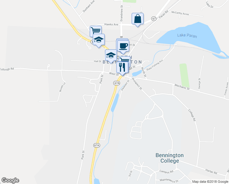 map of restaurants, bars, coffee shops, grocery stores, and more near 114 Water Street in Bennington