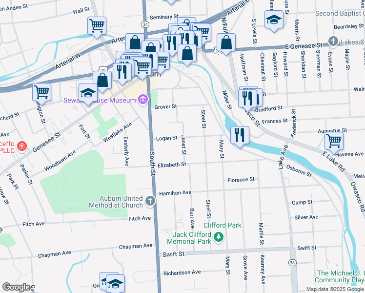 map of restaurants, bars, coffee shops, grocery stores, and more near 223 Janet Street in Auburn