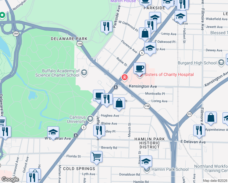 map of restaurants, bars, coffee shops, grocery stores, and more near 6 Glendale Place in Buffalo