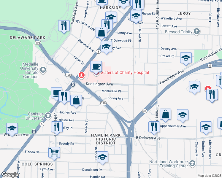 map of restaurants, bars, coffee shops, grocery stores, and more near 66 Monticello Pl in Buffalo