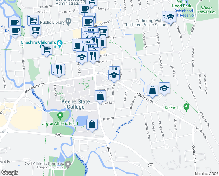 map of restaurants, bars, coffee shops, grocery stores, and more near 48 Elliot Street in Keene