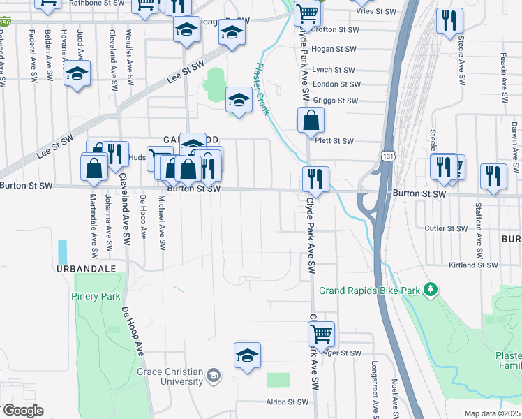 map of restaurants, bars, coffee shops, grocery stores, and more near 2030 Roos Ave SW in Wyoming