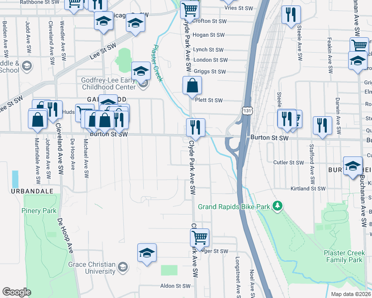 map of restaurants, bars, coffee shops, grocery stores, and more near 2029 Clyde Park Avenue Southwest in Wyoming