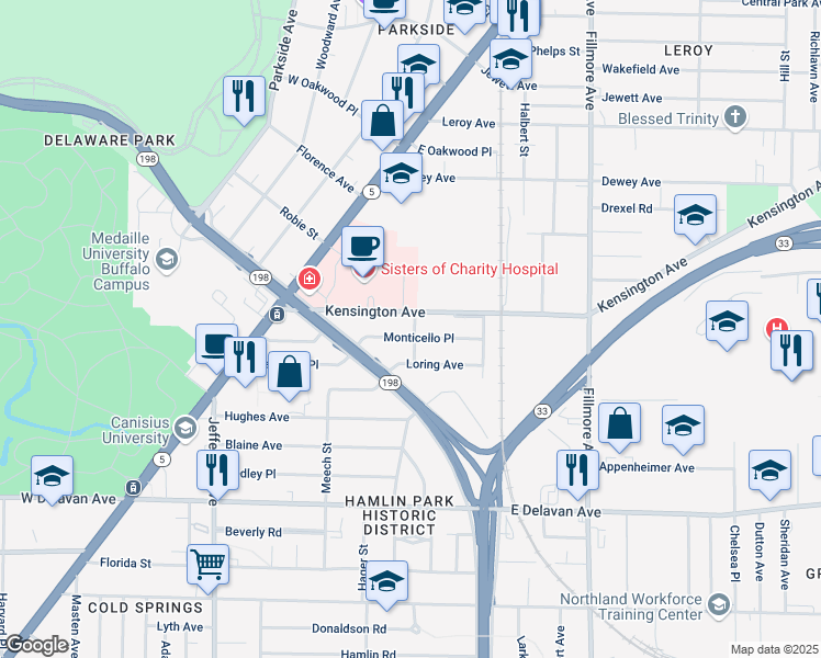 map of restaurants, bars, coffee shops, grocery stores, and more near 66 Monticello Place in Buffalo