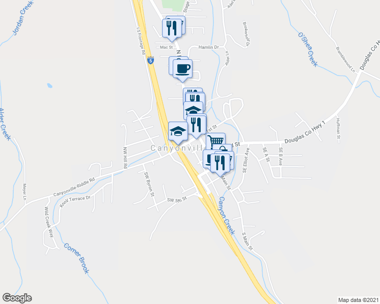map of restaurants, bars, coffee shops, grocery stores, and more near 130 South Pine Street in Canyonville