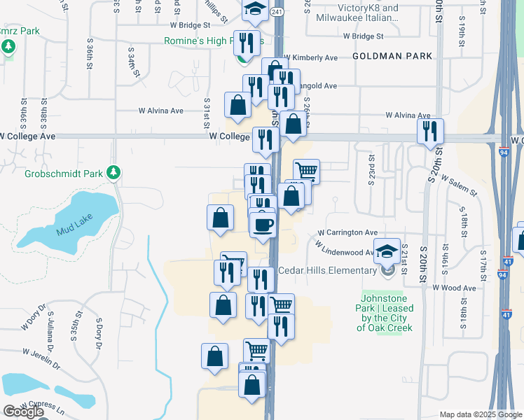 map of restaurants, bars, coffee shops, grocery stores, and more near 6439 South 27th Street in Franklin