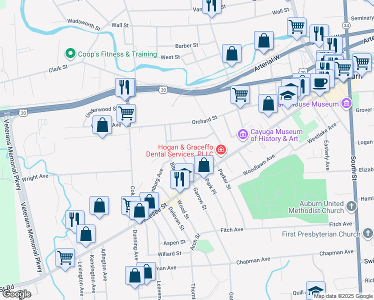 map of restaurants, bars, coffee shops, grocery stores, and more near 38 Pleasant Street in Auburn