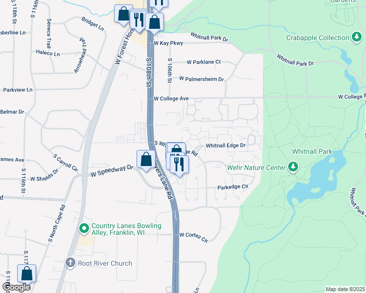map of restaurants, bars, coffee shops, grocery stores, and more near 6464 South Whitnall Edge Road in Franklin