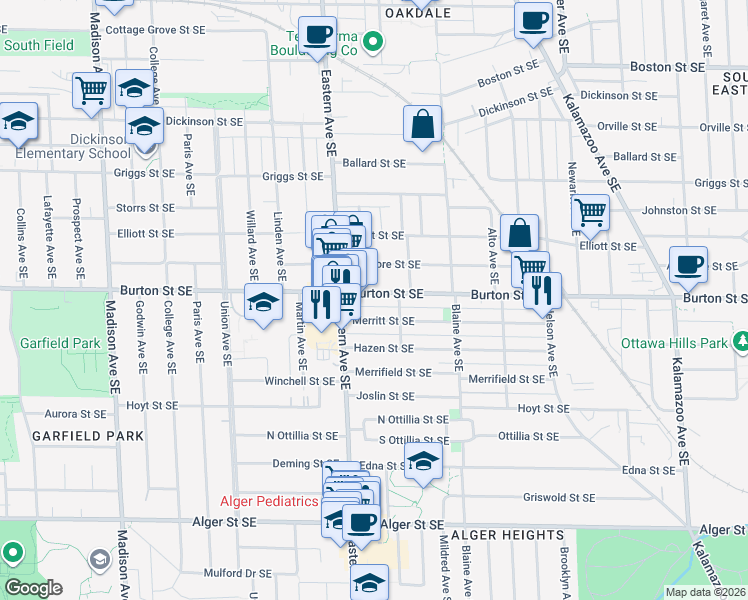 map of restaurants, bars, coffee shops, grocery stores, and more near 832 Burton Street Southeast in Grand Rapids