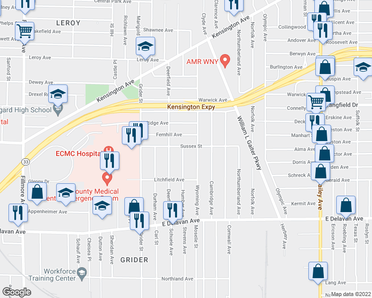 map of restaurants, bars, coffee shops, grocery stores, and more near 101 Sussex Street in Buffalo